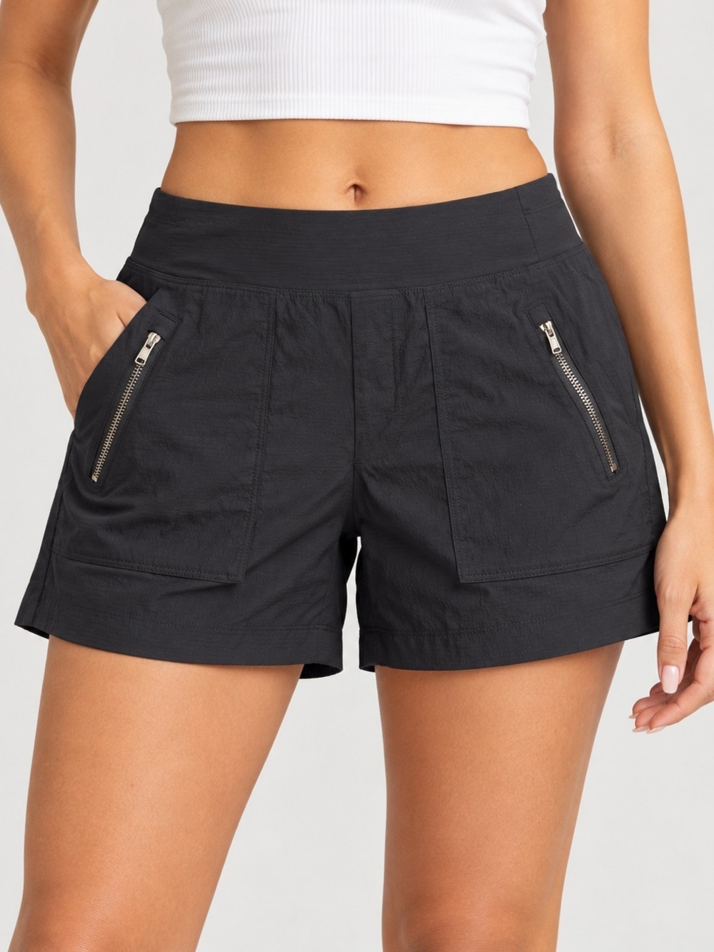 Athleta Black High-Rise Shorts with Zip Pockets